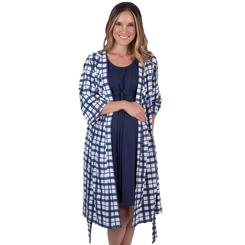 BABY BE MINE navy blue / white gingham pregnancy / postpartum robe S/M NEW - Picture 3 of 12